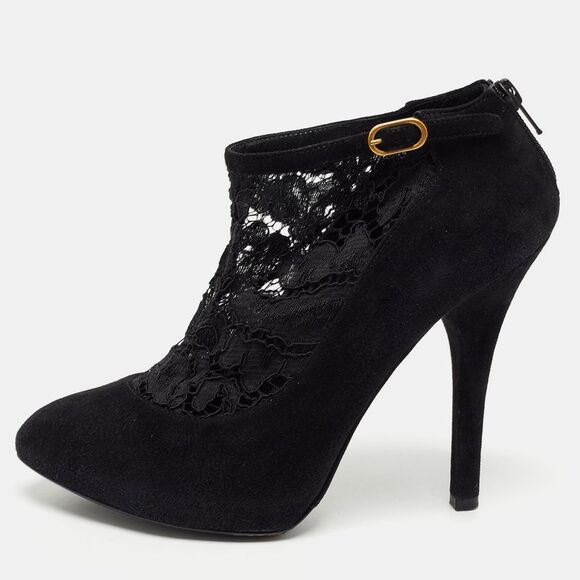 Dolce & Gabbana Black Suede And Lace Pointed Toe Booties Size 38.5